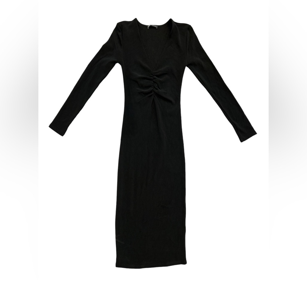 Zara Ribbed V Neck Stretch Bodycon Shirred Front Long Sleeve Midi Dress Size S